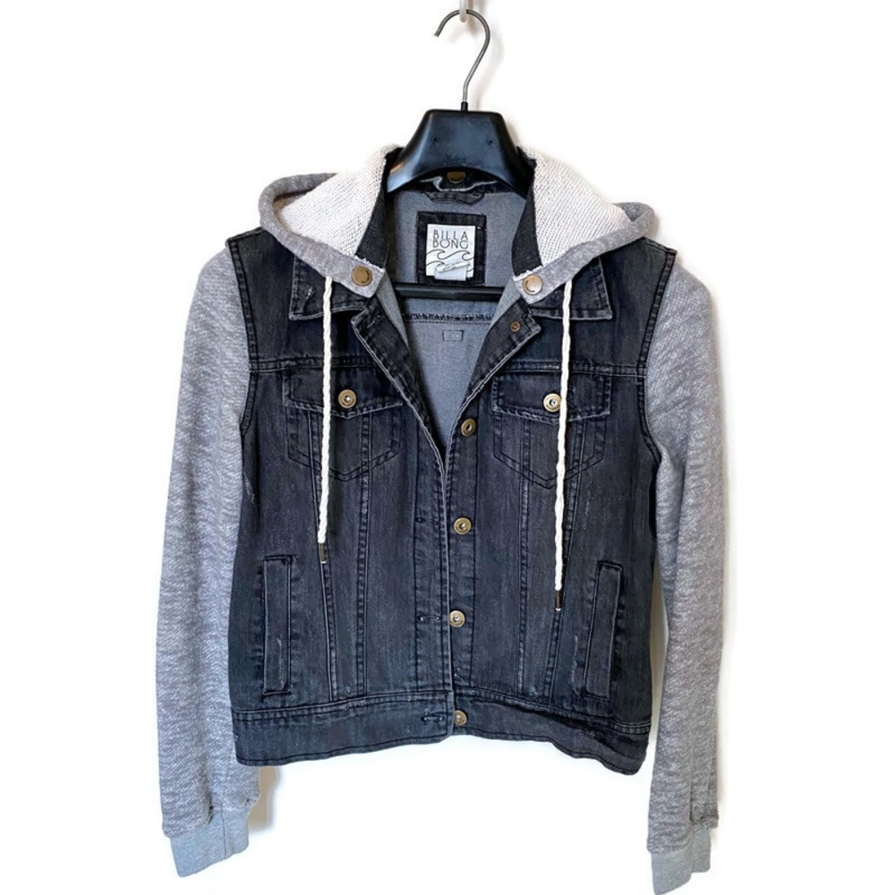 BILLABONG Black Distressed Jean Jacket Hoodie